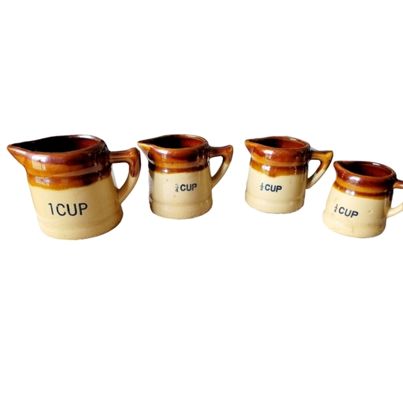 Vintage Brown Drip Glaze Pottery Set of 4 Graduated Measuring Cups Rustic - Picture 1 of 6